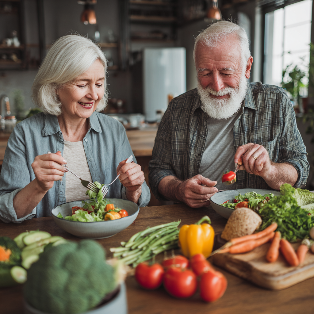 older adults enjoying balanced healthy dinner with fresh vegetables and whole grains
